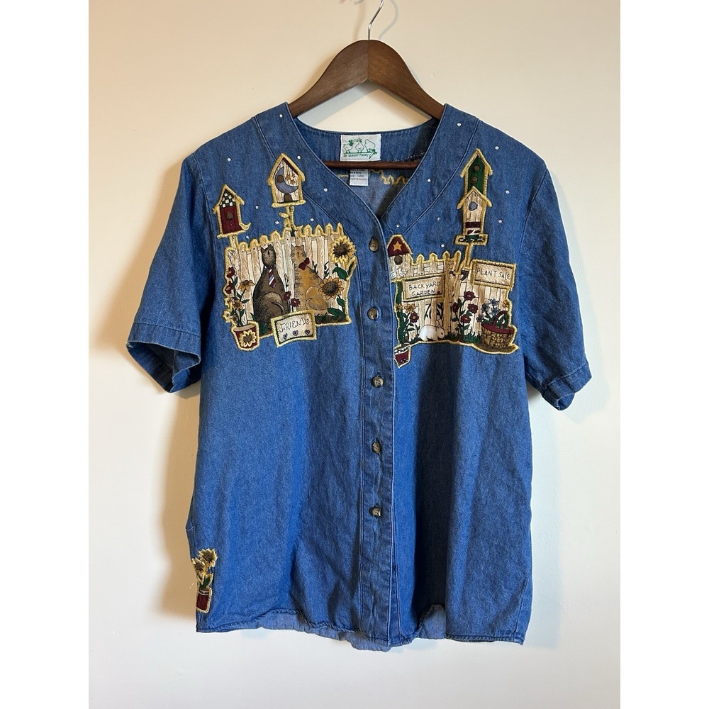 Vintage The Quacker Factory Cat Embroidered denim button up women's Size L